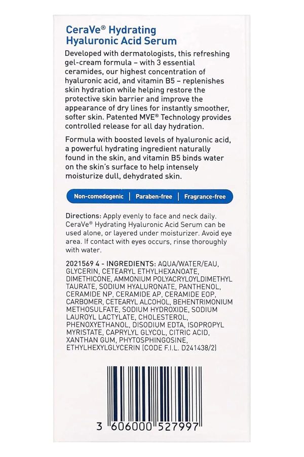 سرم پوست اورجینال برند Cerave مدل Hyaluronic Acid Face Serum 30ML کد 793076437 - Image 2
