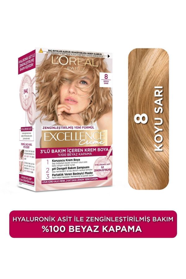 رنگ مو اورجینال برند L oreal paris مدل Excellence Creme 8 Koyu Sarı کد 1262244